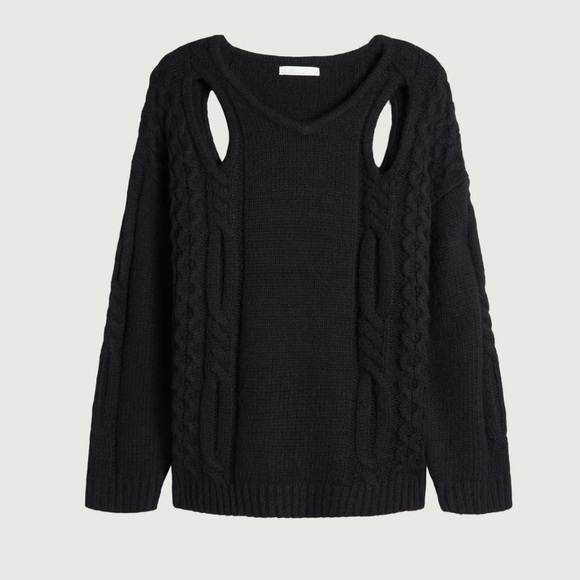 NWT OAK + FORT MEL Black V-Neck peek-a-boo Sweater Textured Knit Small Medium - Picture 2 of 9